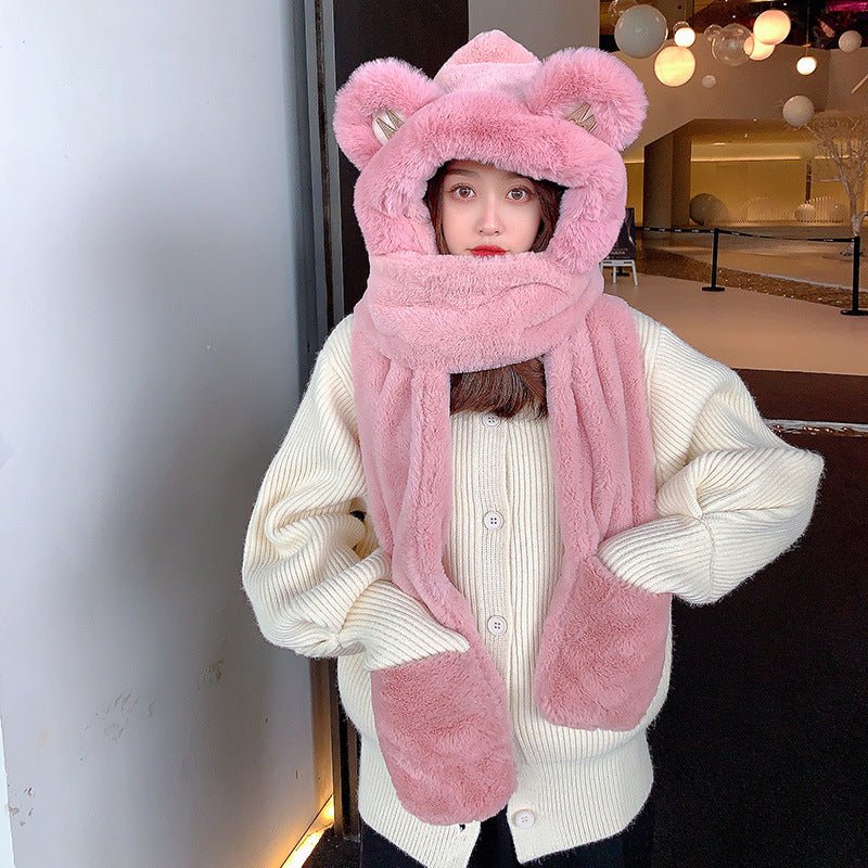 Women's Winter Hats Thickened Plush One-piece Scarf