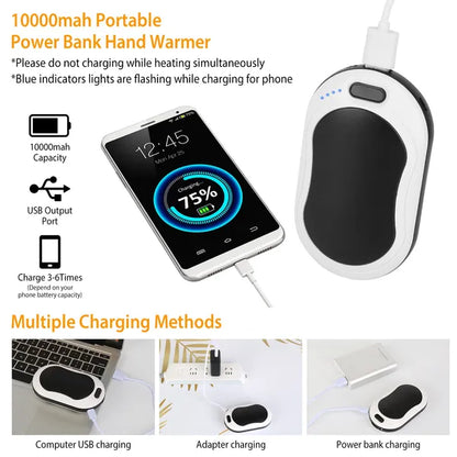 Portable Hand Warmer 10000mAh Power Bank Rechargeable Pocket Warmer Double Sided Heating 3 Temperature Adjustment
