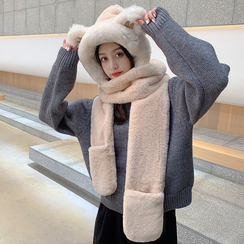 Women's Winter Hats Thickened Plush One-piece Scarf
