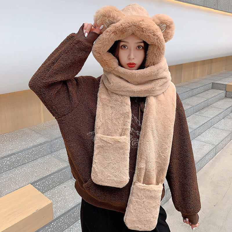 Women's Winter Hats Thickened Plush One-piece Scarf