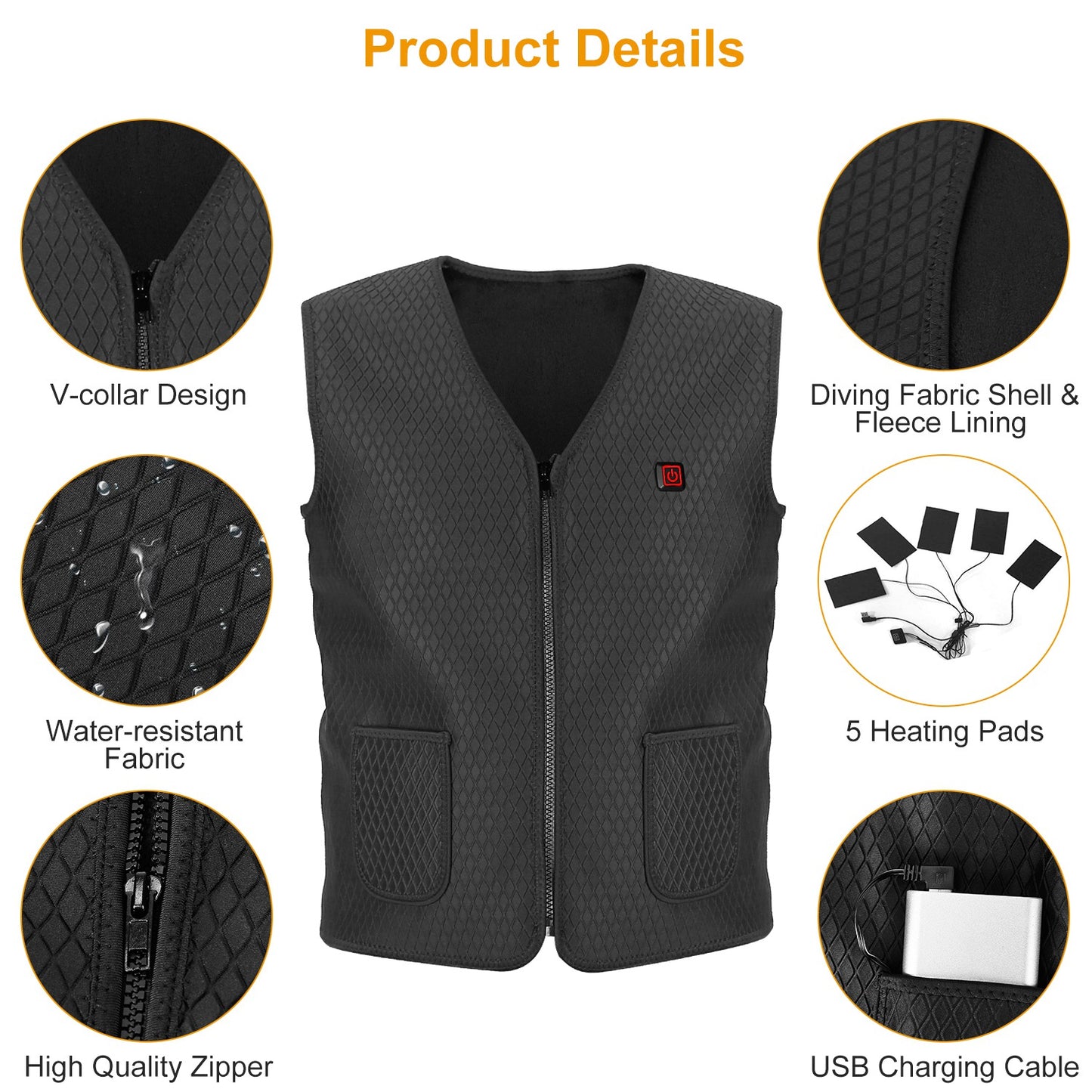 1Pc Heat Jacket Vest 3 Heating Gear Adjustable USB Heated Vest Warm Heat Coat Vest With 5 Heating Zones For Men Women Winter Outdoor Activity