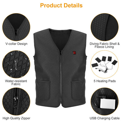 1Pc Heat Jacket Vest 3 Heating Gear Adjustable USB Heated Vest Warm Heat Coat Vest With 5 Heating Zones For Men Women Winter Outdoor Activity