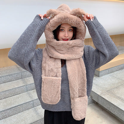 Women's Winter Hats Thickened Plush One-piece Scarf
