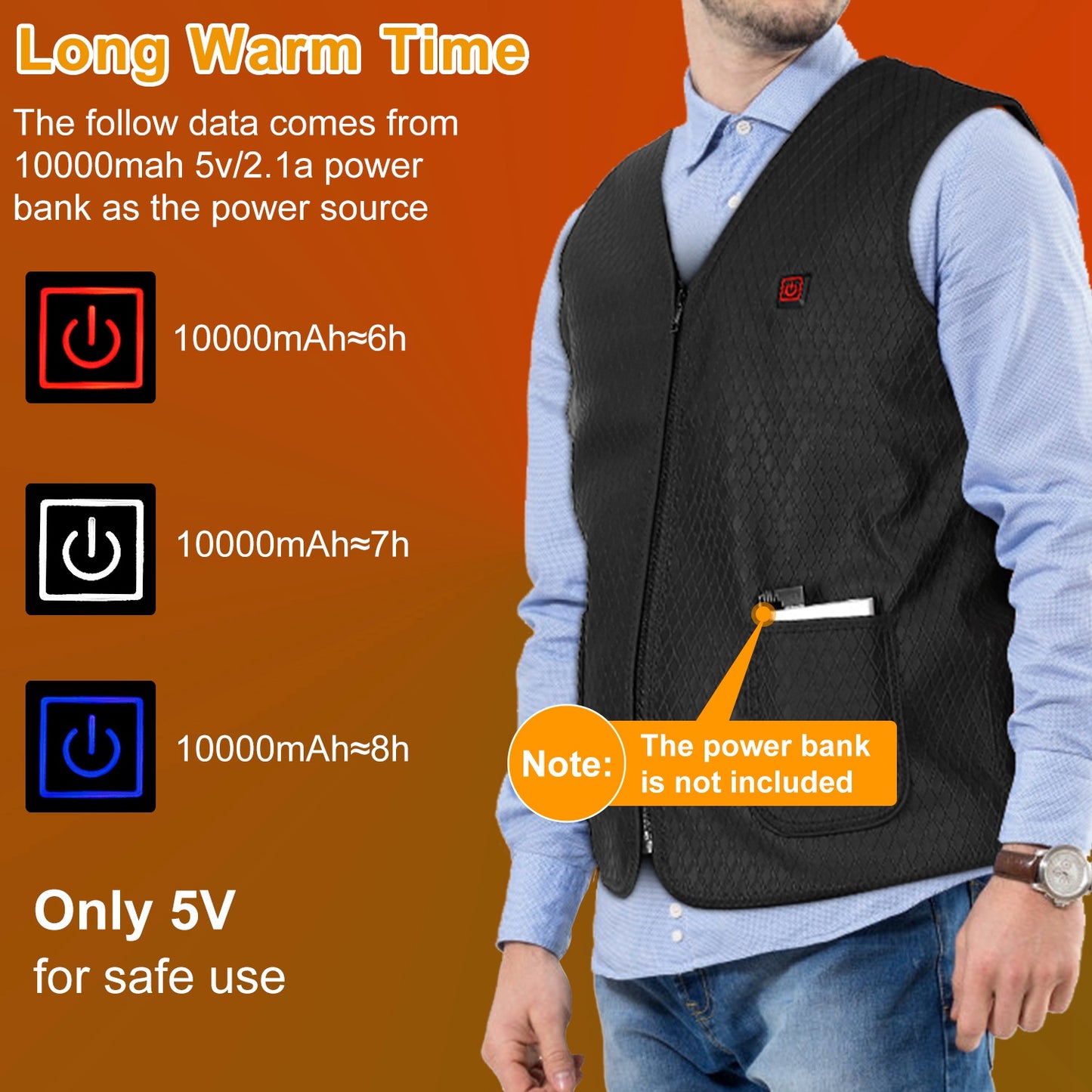 1Pc Heat Jacket Vest 3 Heating Gear Adjustable USB Heated Vest Warm Heat Coat Vest With 5 Heating Zones For Men Women Winter Outdoor Activity