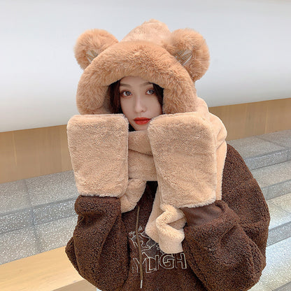 Women's Winter Hats Thickened Plush One-piece Scarf